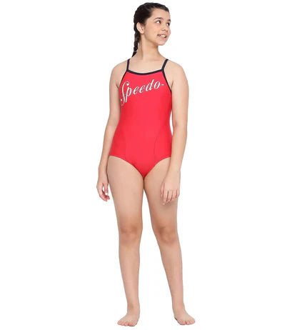Speedo Girl's Endurance 10 Heritage Logo Thinstrap Muscleback One Piece V-Cut Swimsuit