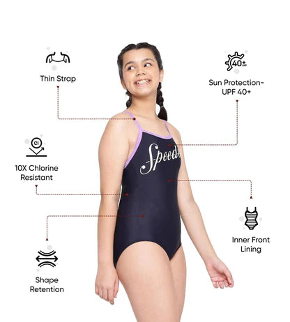 Speedo Girl's Endurance 10 Heritage Logo Thinstrap Muscleback One Piece V-Cut Swimsuit