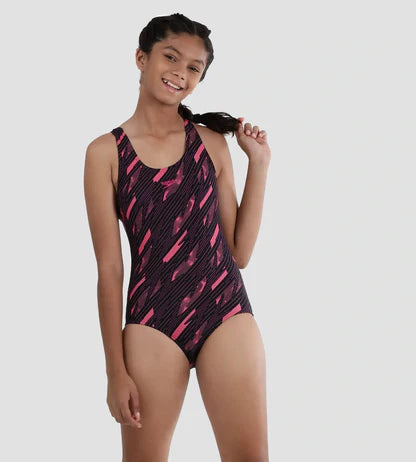 Speedo Girl's Endurance 10 Hyperboom Print Racerback One Piece V-Cut Swimsuit