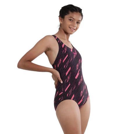 Speedo Girl's Endurance 10 Hyperboom Print Racerback One Piece V-Cut Swimsuit