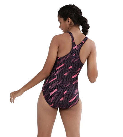 Speedo Girl's Endurance 10 Hyperboom Print Racerback One Piece V-Cut Swimsuit