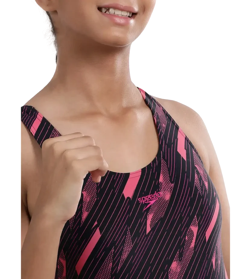 Speedo Girl's Endurance 10 Hyperboom Print Racerback One Piece V-Cut Swimsuit