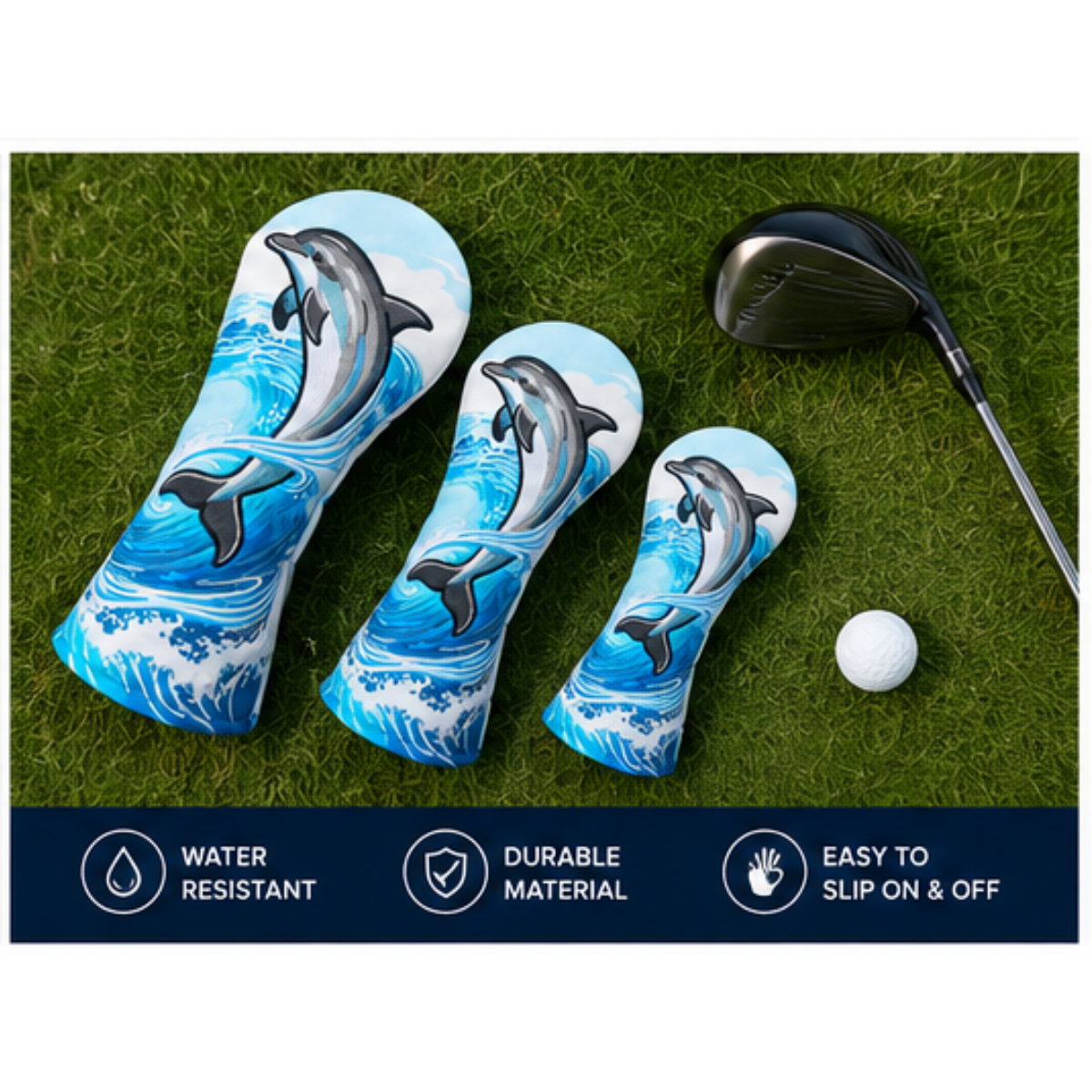 GolfBasic Dolphin Wave Headcover - Embroidered Dolphin Design Close-up
