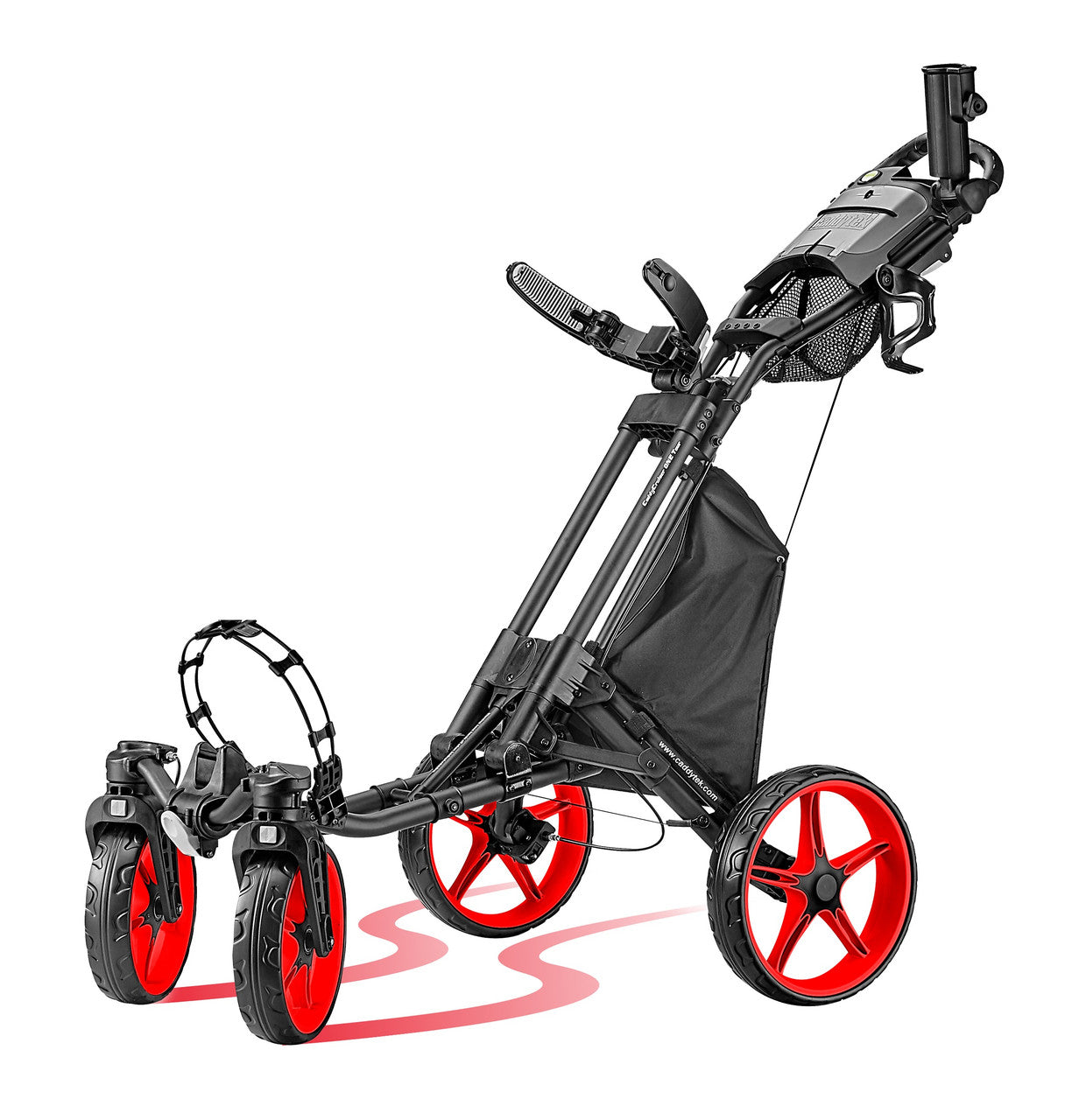 Black and red golf push cart on a white background