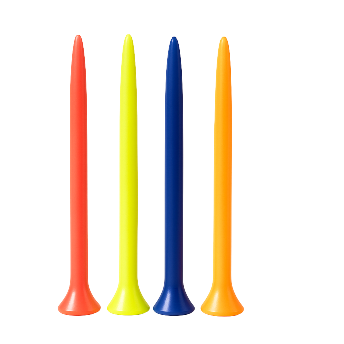 Close-up of five Penguin plastic tees fanned out in red, yellow, white, blue, and orange, showing glossy cups and tapered points.