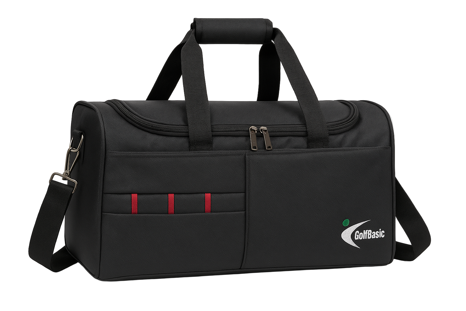 GolfBasic black duffle bag angled side view with shoulder strap and stylish red design accents