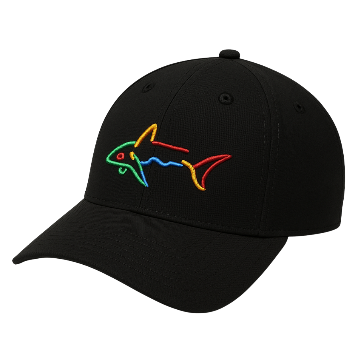 Black Greg Norman men’s golf cap with vibrant multicolored embroidered shark logo, structured six-panel fit, and curved visor, placed against a clean white background.