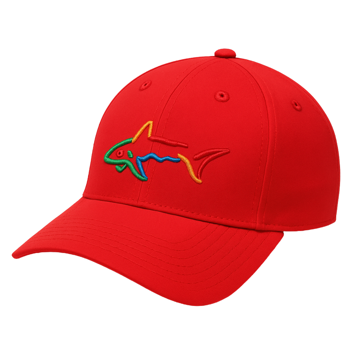 Red Greg Norman men’s golf cap with multicolored embroidered shark logo, six-panel construction, and curved brim, shown on a white background.