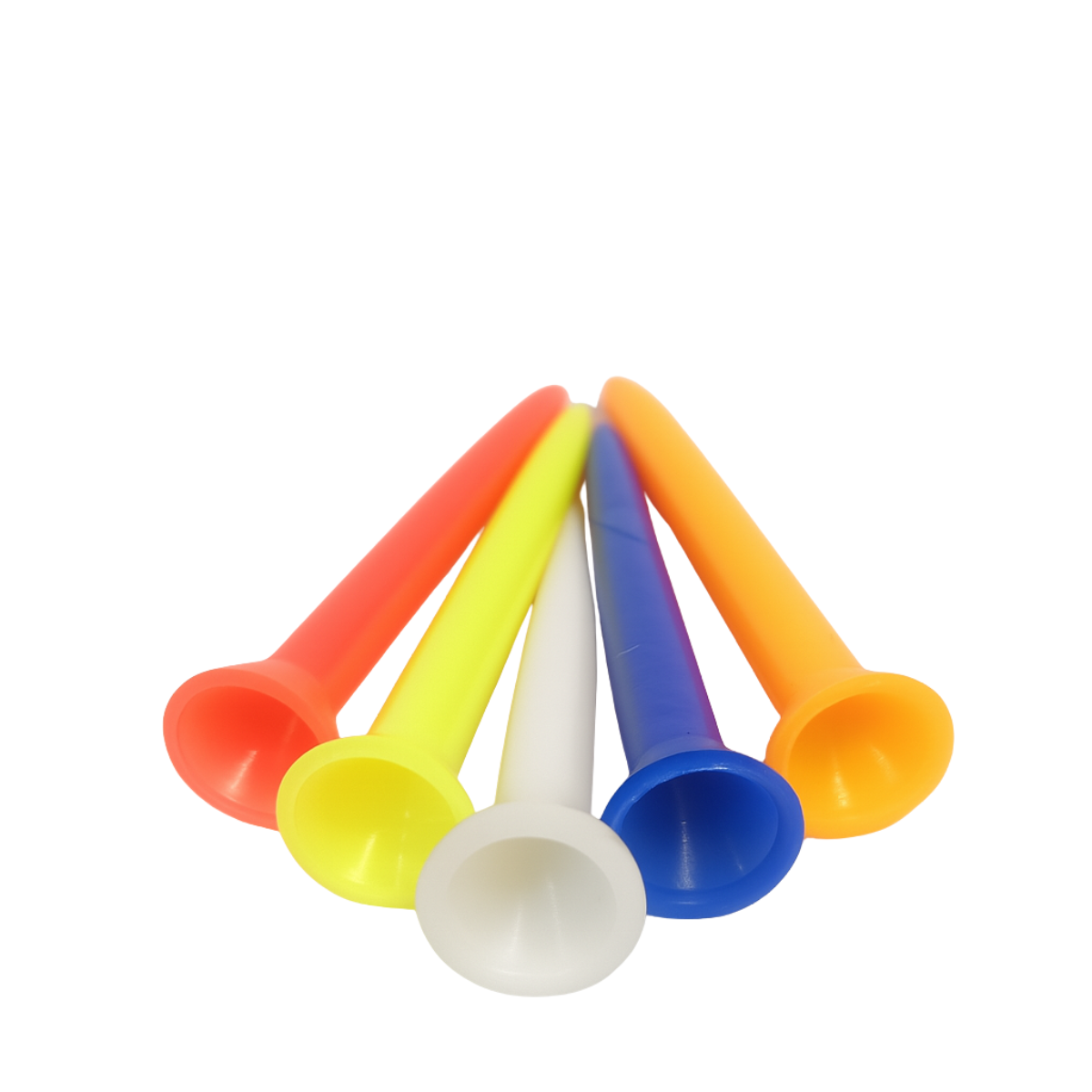 High-angle view of a scattered pile of Penguin plastic golf tees in multiple neon shades, showing varied lengths and colors.