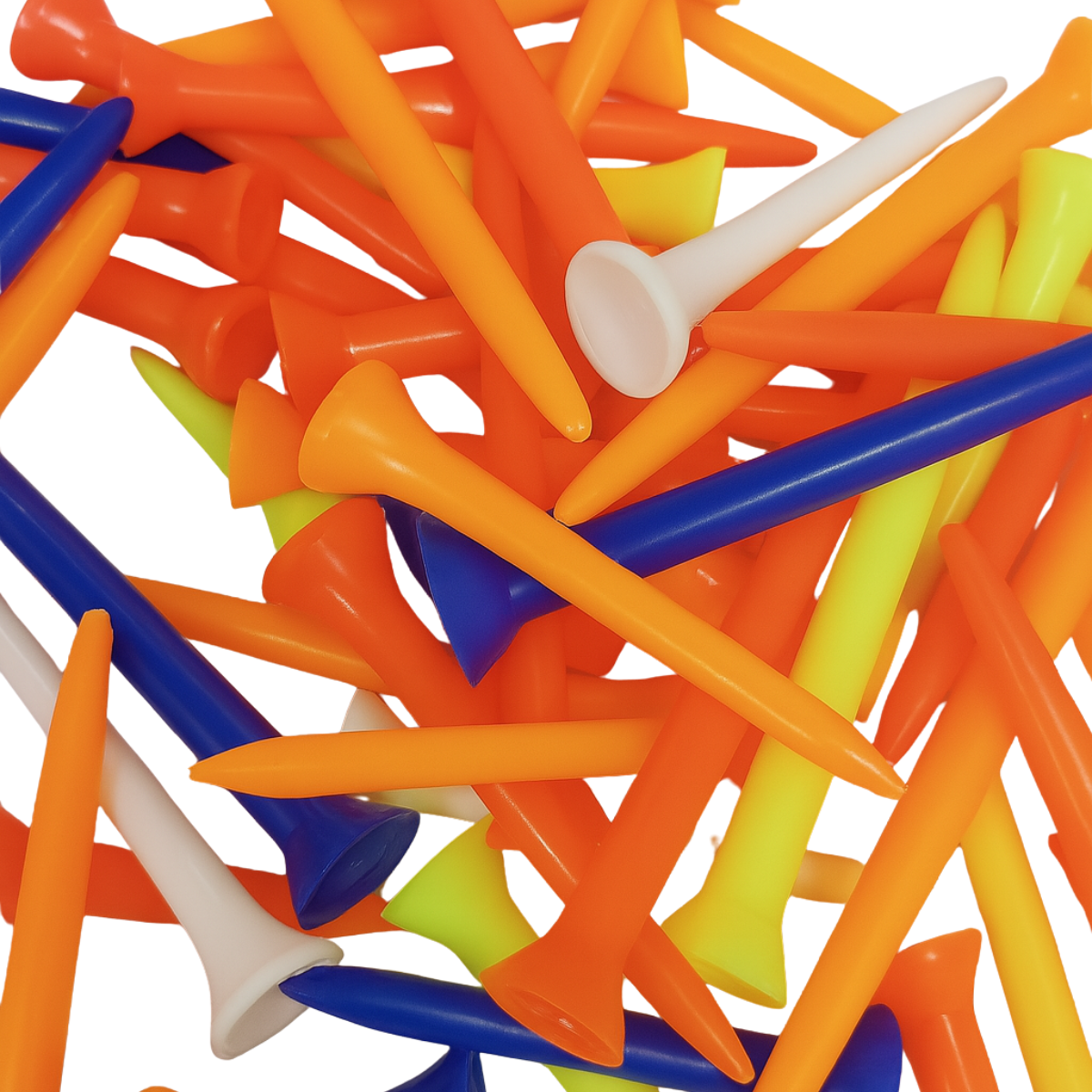 Set of colorful Penguin plastic golf tees including red, yellow, blue, white, and orange options, displayed on a white background.