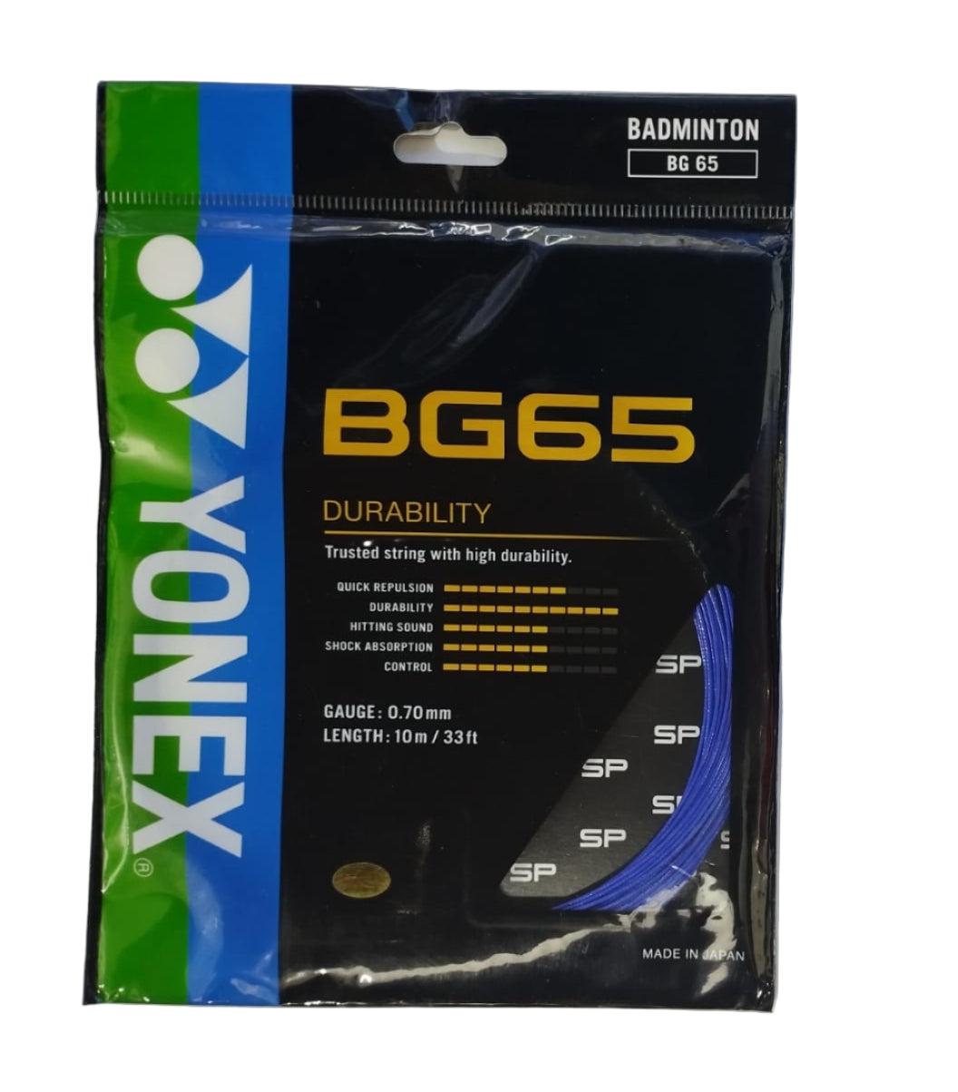 Yonex BG65 Durability badminton string in Royal Blue – bold, elegant color with durable performance.