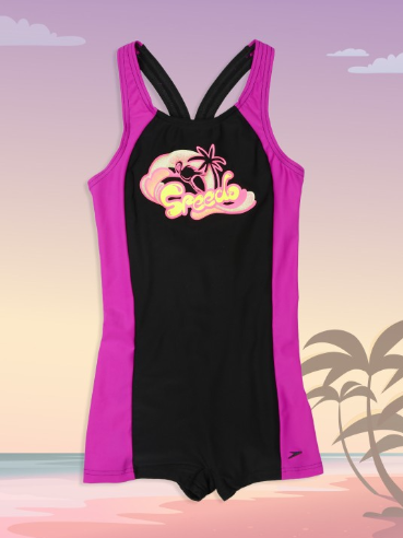 Speedo Girls Black & Purple Printed Swimsuit