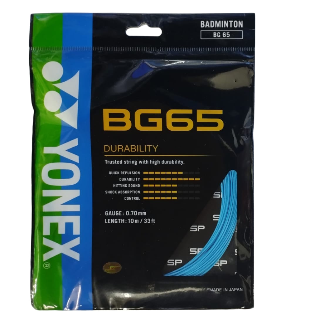 Yonex BG65 Durability badminton string in Turquoise Blue – stylish, modern color with trusted performance.