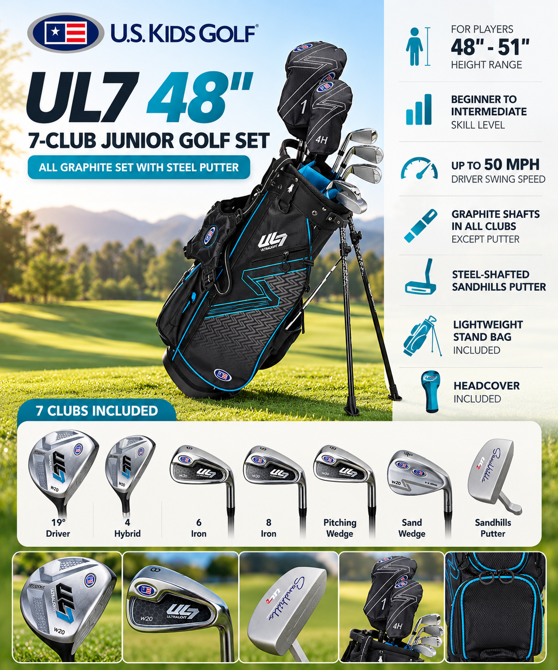 U.S. Kids Golf UL7 48" All Graphite Set with Steel Putter (7-Club)