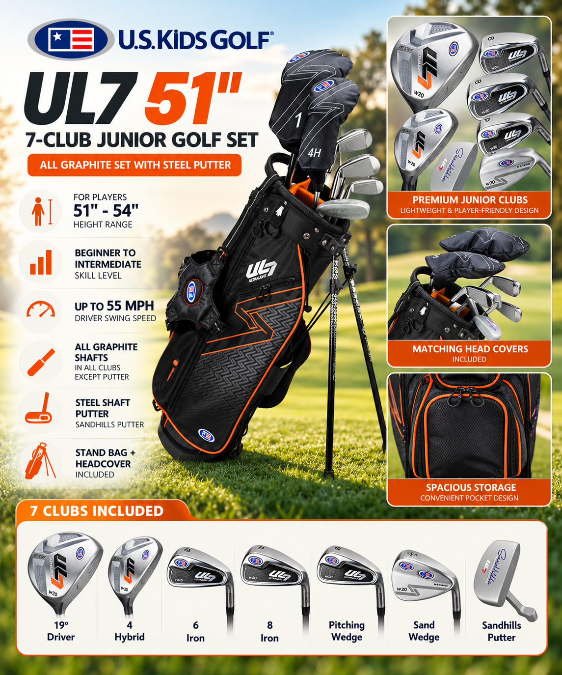 U.S. Kids Golf UL7 51" All Graphite Set with Steel Putter (7-Club)