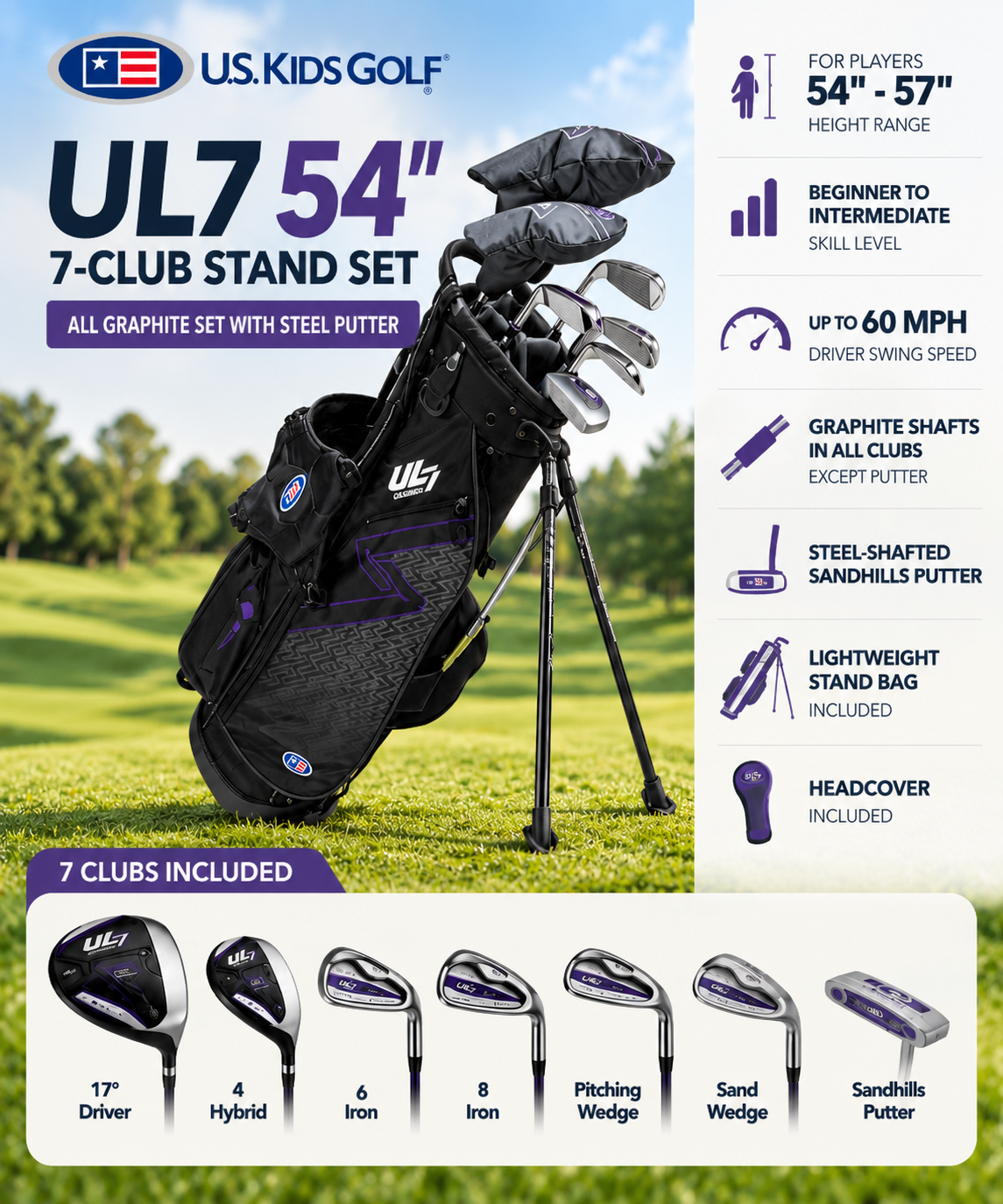 U.S. Kids Golf UL7 54" All Graphite Set with Steel Putter (7-Club)