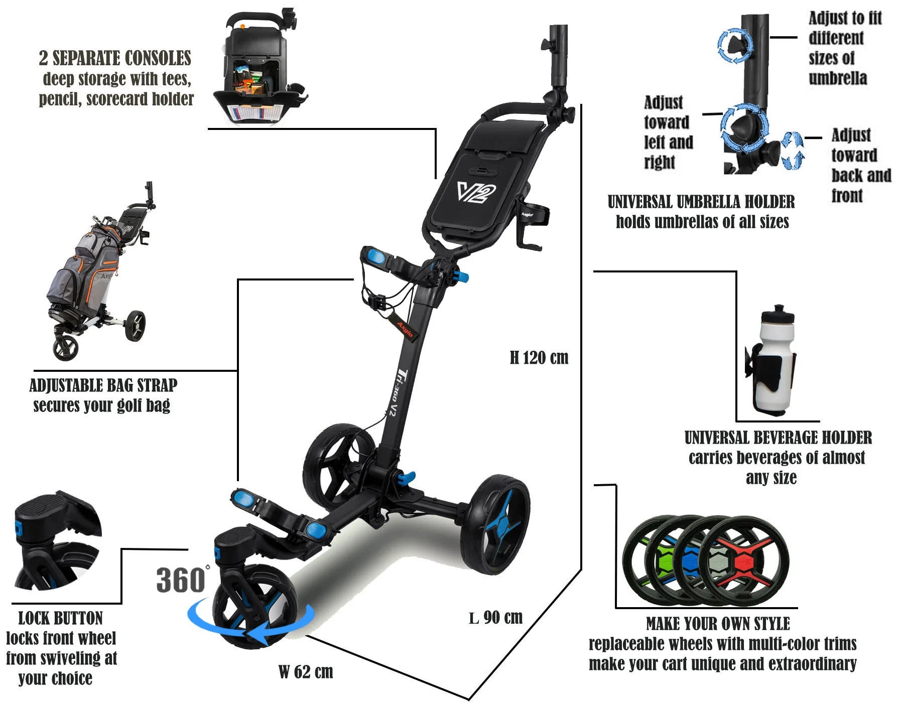 Axglo Tri-360 V2 Three Wheel Ultra Compact Golf Push Cart