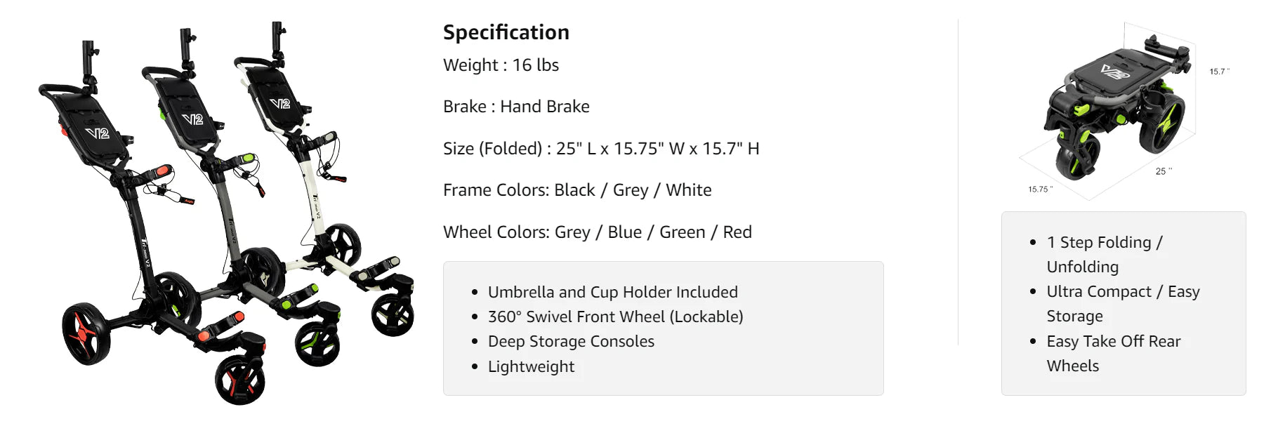 Axglo Tri-360 V2 Three Wheel Ultra Compact Golf Push Cart