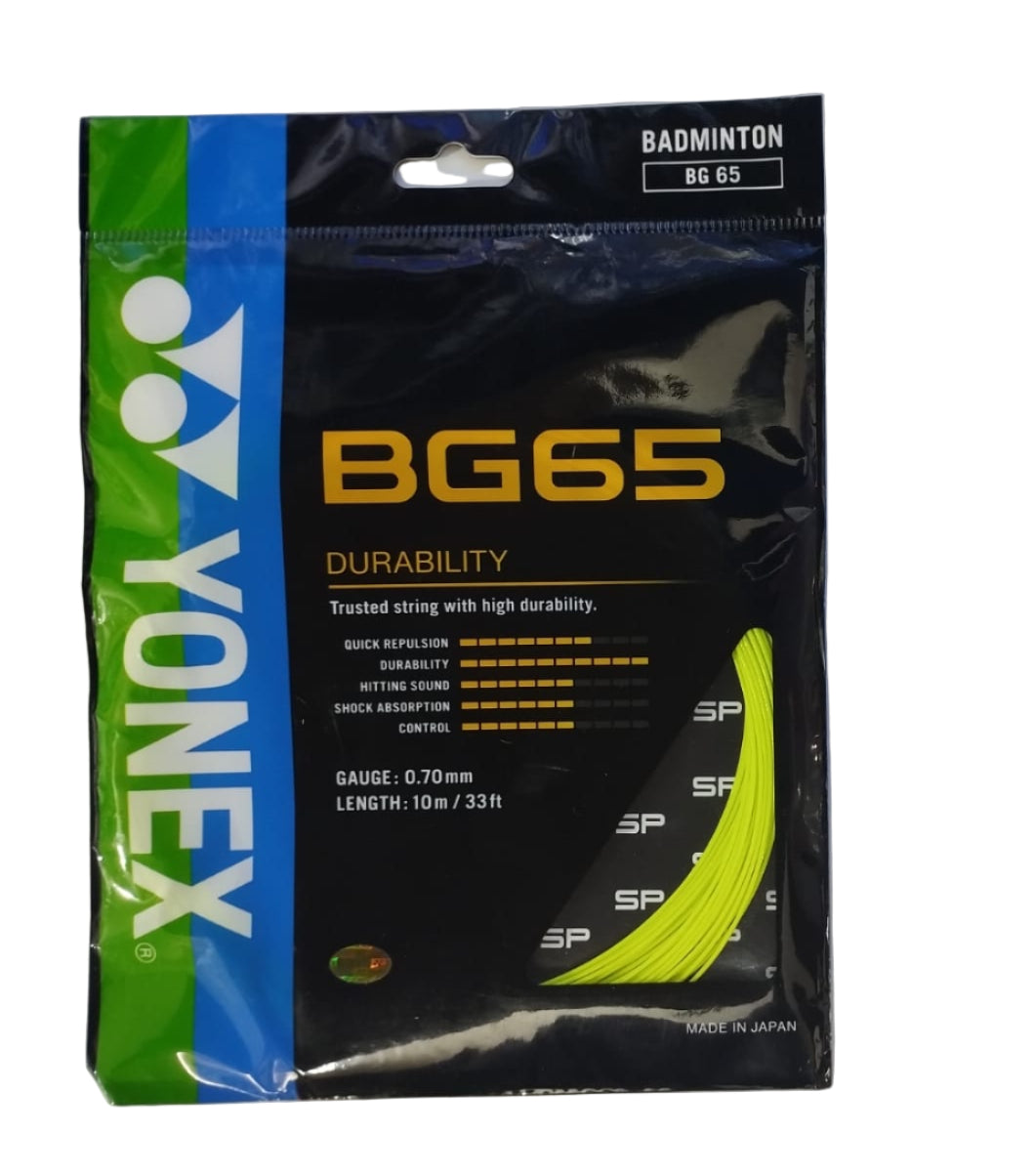Yonex BG65 Durability badminton string in Yellow – bold, high-visibility string for power players.
