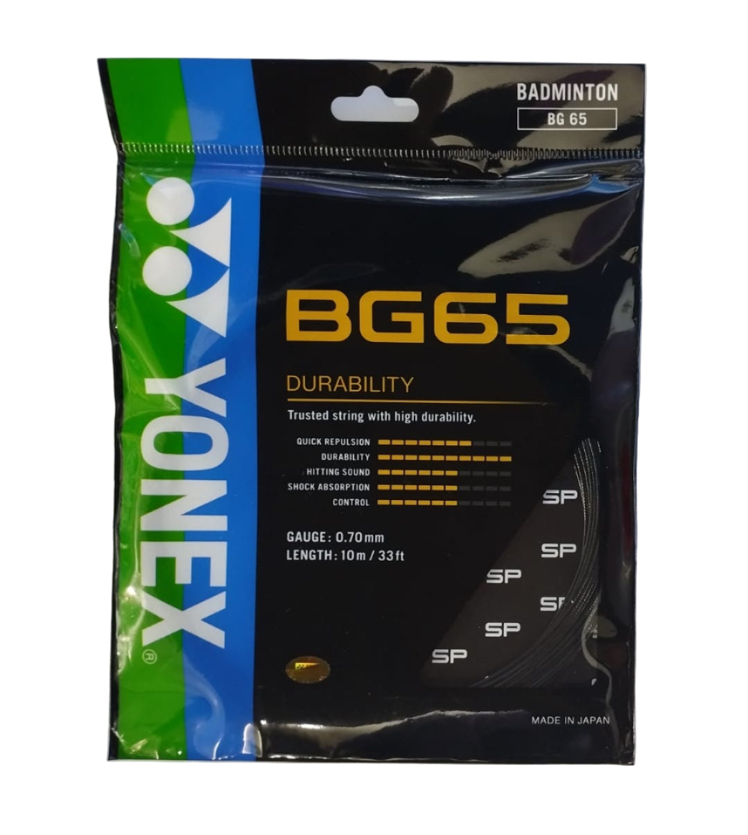 Yonex BG65 Durability badminton string in Black – sleek, durable and consistent.