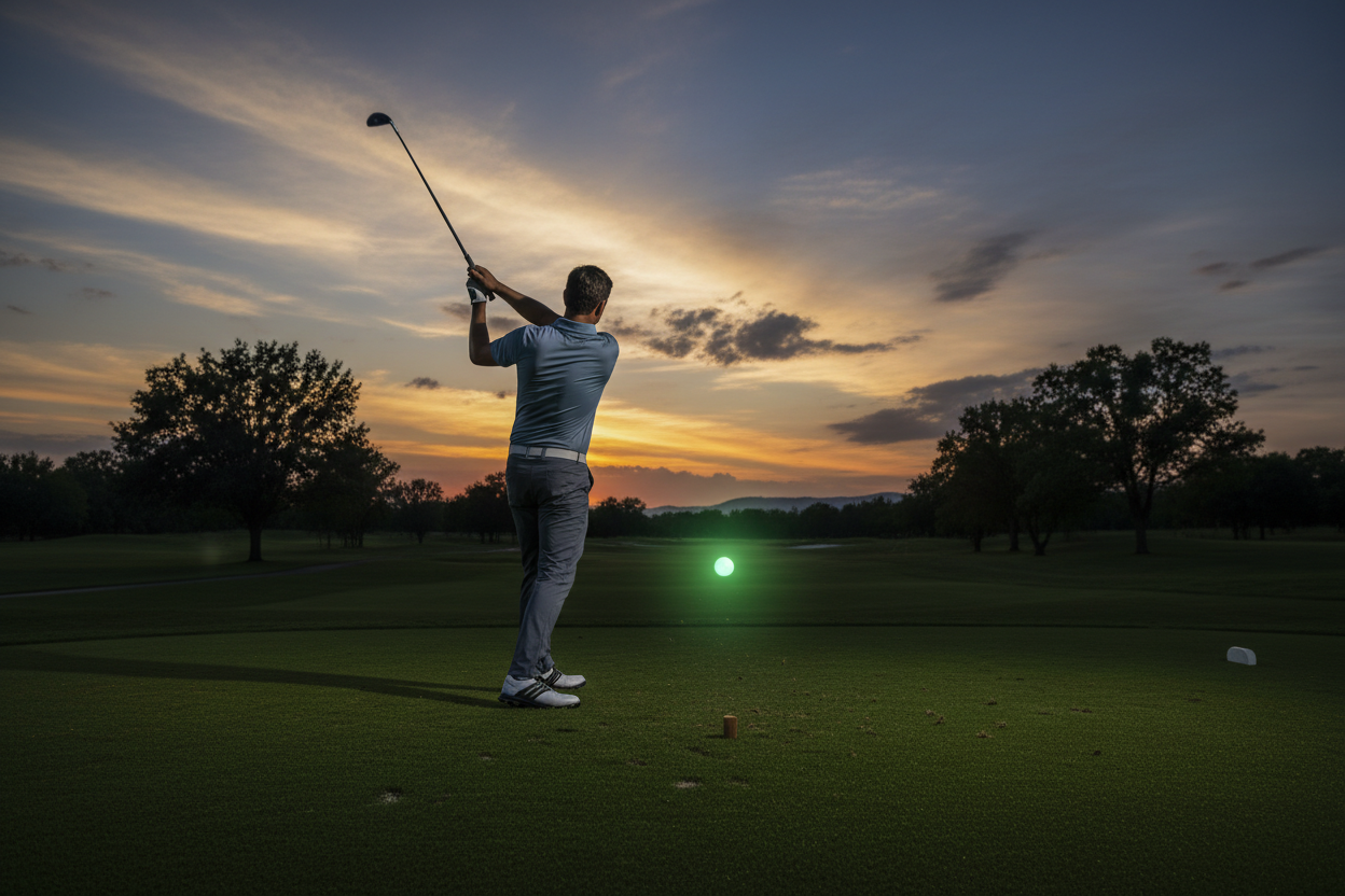 Golfer playing with glow ball at dusk