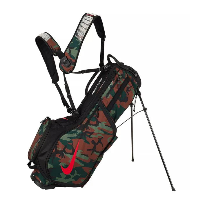 Camouflage golf bag with red Nike logo on a white background