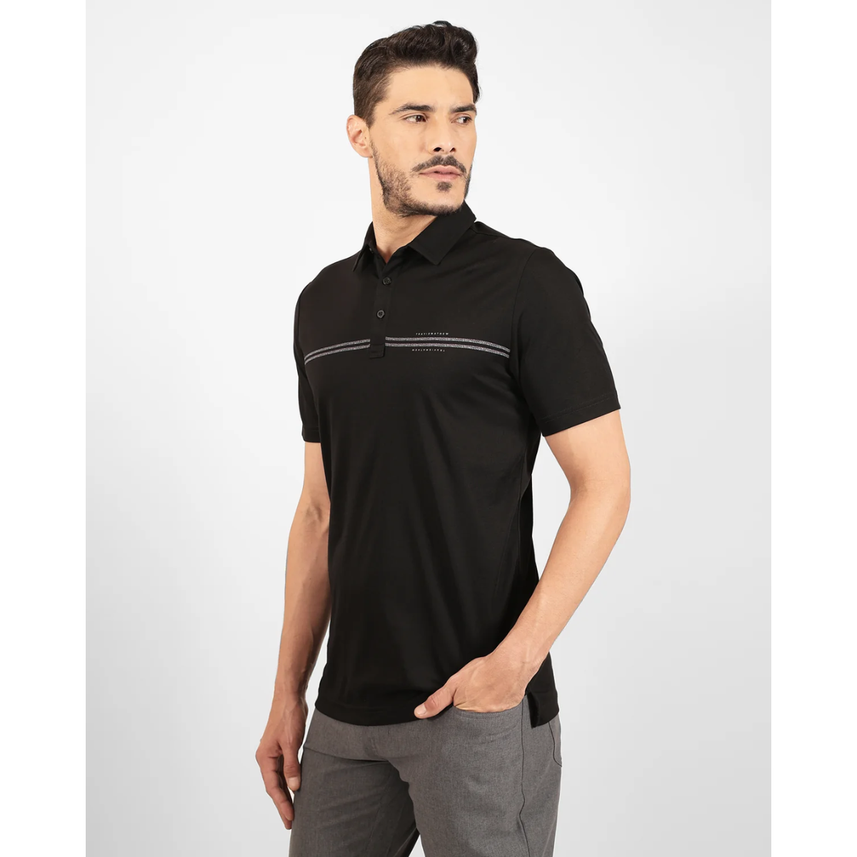 Travis Mathew Island History golf polo black palm print detail
