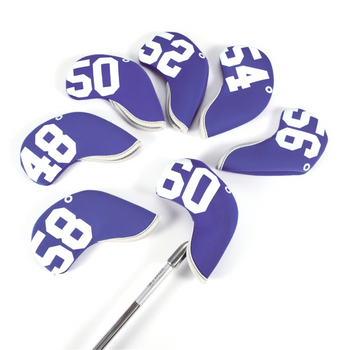 A set of seven blue golf wedge face covers with white numbers indicating different golf club degrees, displayed on a golf club.