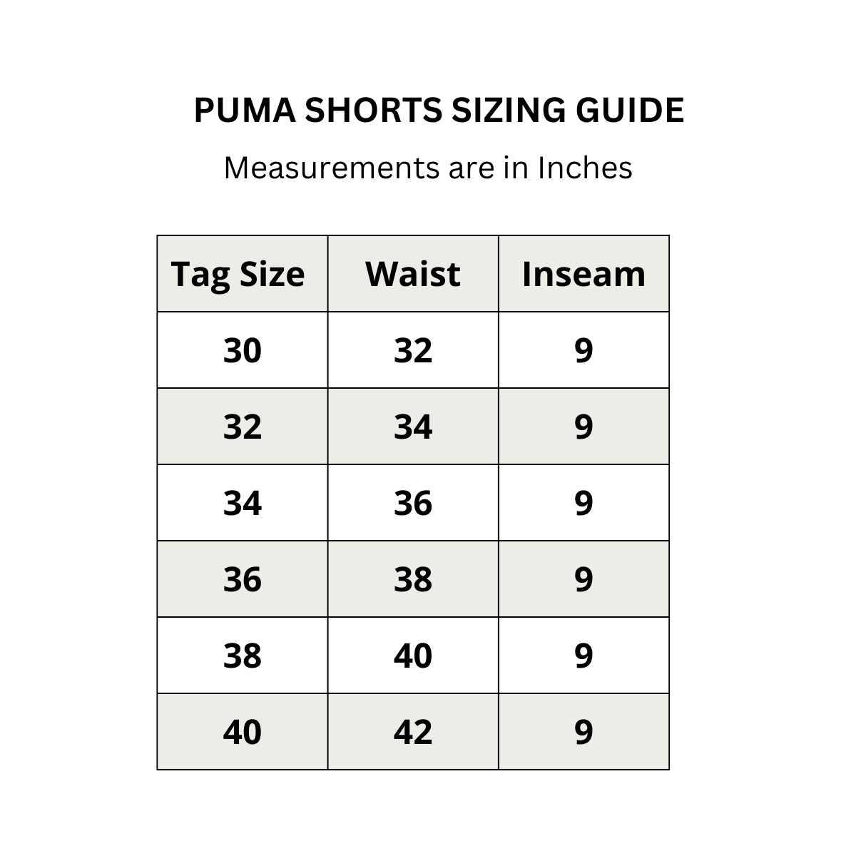 Puma men's sales shorts size chart