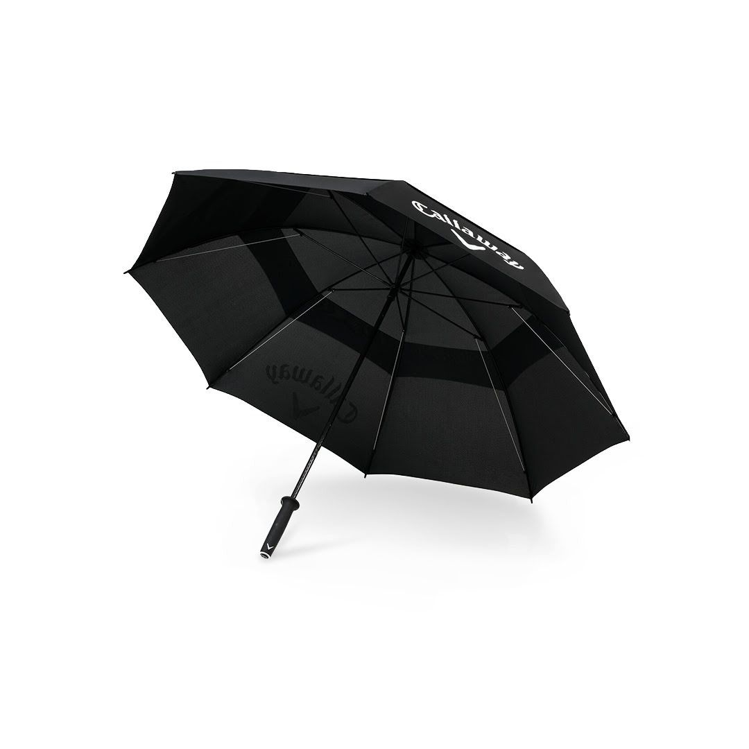 Black umbrella with Callaway brand logo on a white background