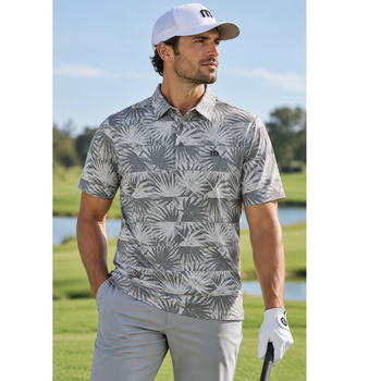 Travis Mathew Sign Here men's golf polo in heather light grey front view
