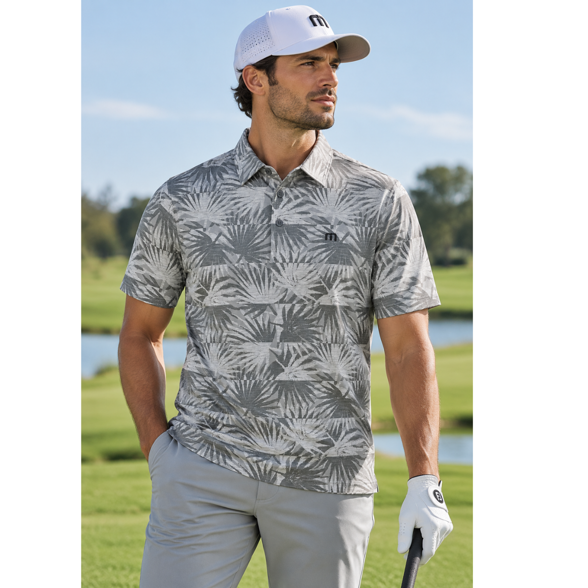 Travis Mathew Sign Here men's golf polo in heather light grey front view