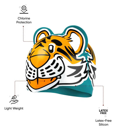 Speedo unisex junior Tiger Print Swim Cap For Tots- Boys & Girls -Orange & Green