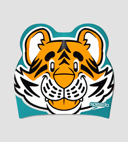 Speedo unisex junior Tiger Print Swim Cap For Tots- Boys & Girls -Orange & Green