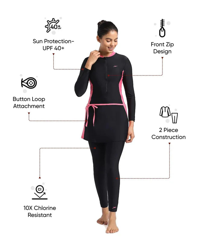 Speedo Women's Endurance10 Two Piece Full Body Suit Swimwear - Black/Fandango Pink