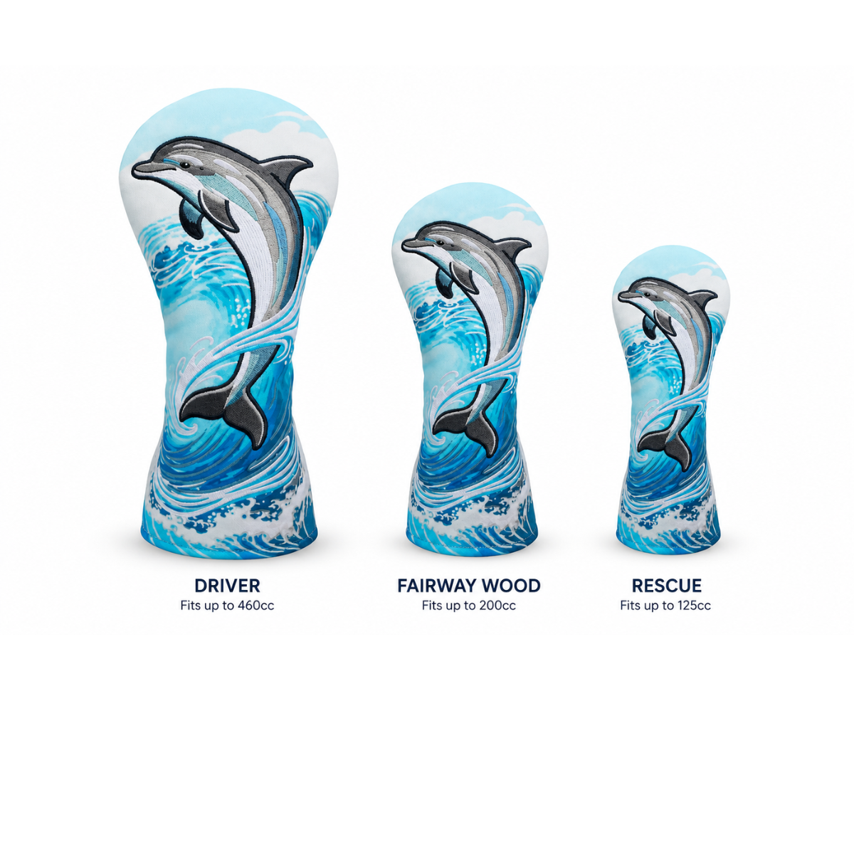 GolfBasic Dolphin Wave Golf Headcover Set - 3 Piece Driver Fairway Hybrid
