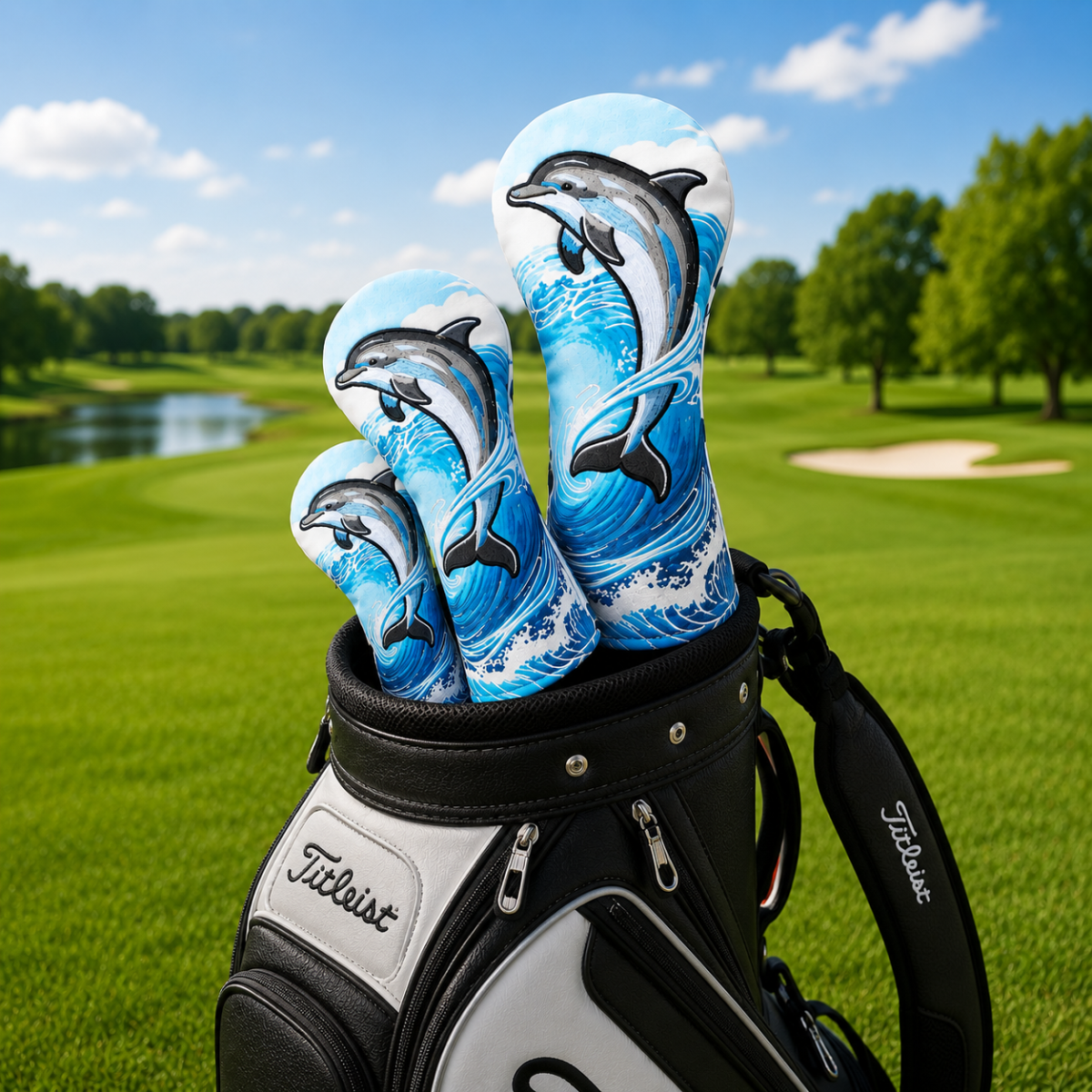 GolfBasic Dolphin Wave Wood Headcover - Ocean Wave Artwork on the golf course
