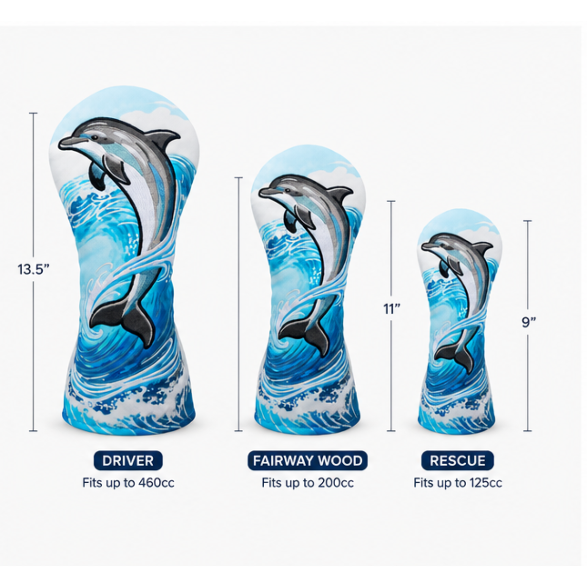GolfBasic Dolphin Wave Golf Headcover sizes of Driver Fairway Wood & Rescue