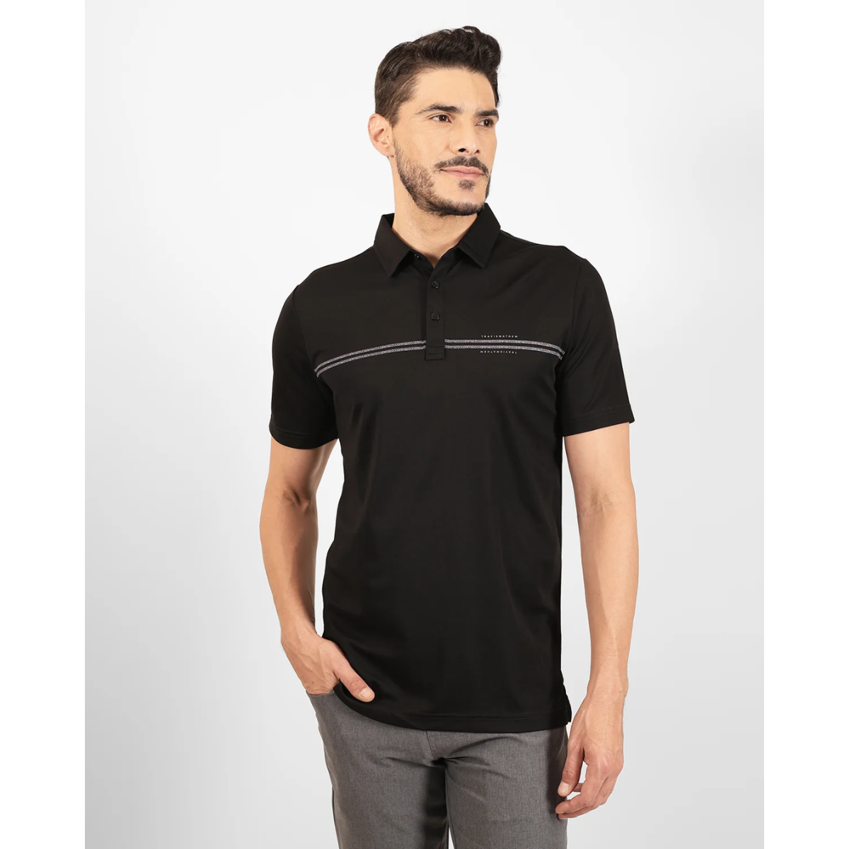Travis Mathew Island History men's golf polo in black front view