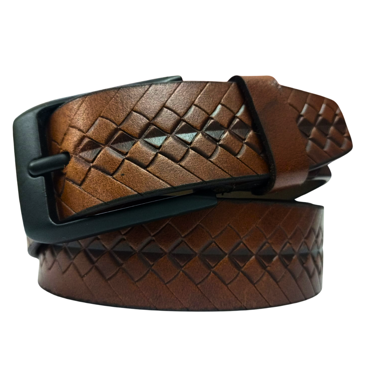 Tan leather belt for men with textured diamond embossing and black matte buckle