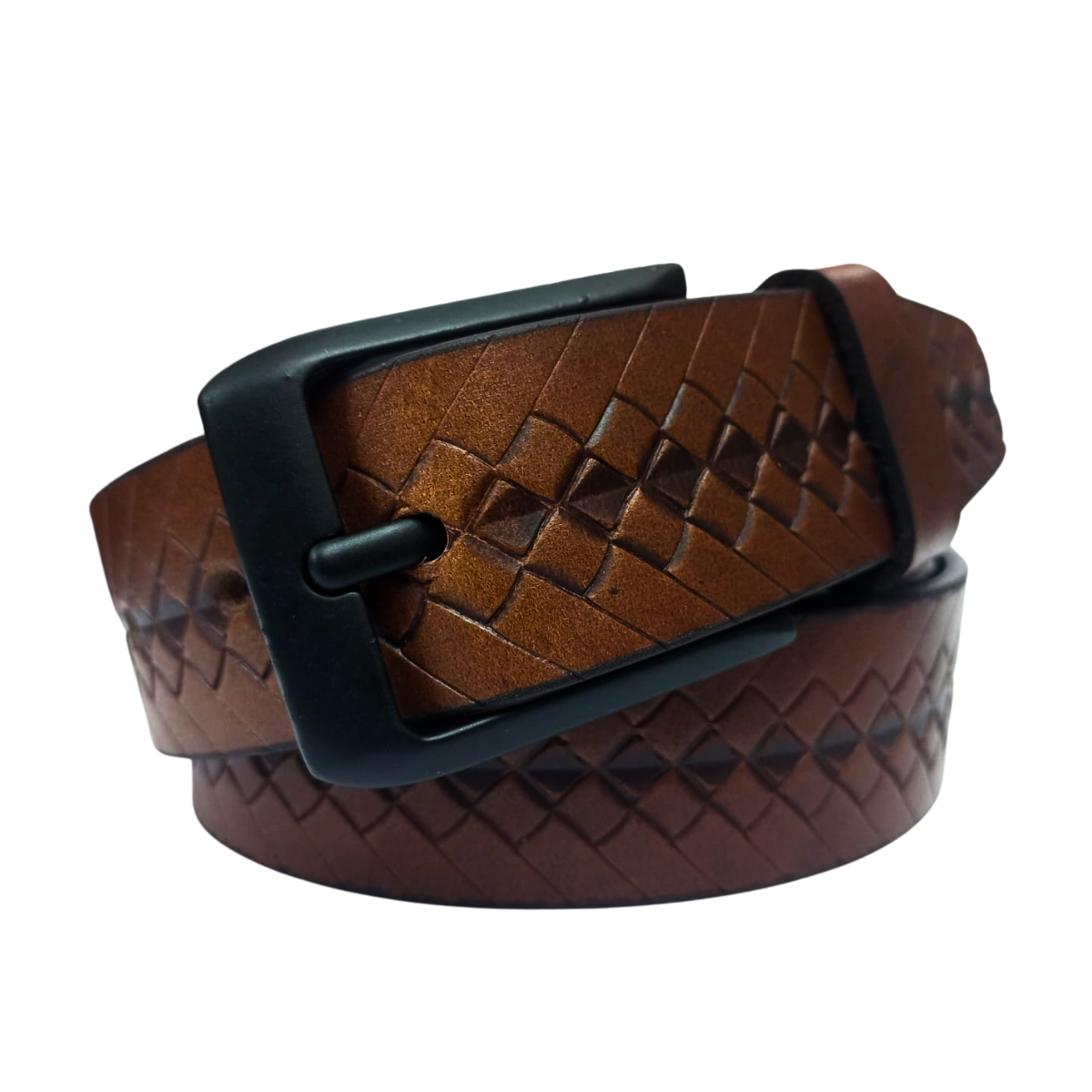 Tan leather belt for men with textured diamond embossing and black matte buckle