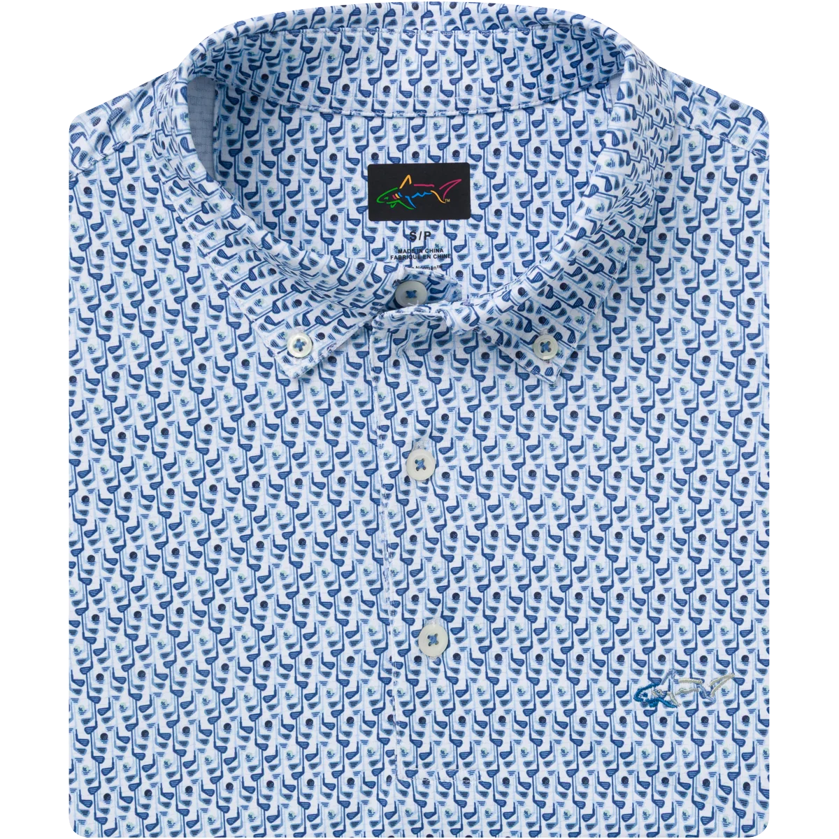 Greg Norman Irons Golf Polo for Men detail view with golf club print