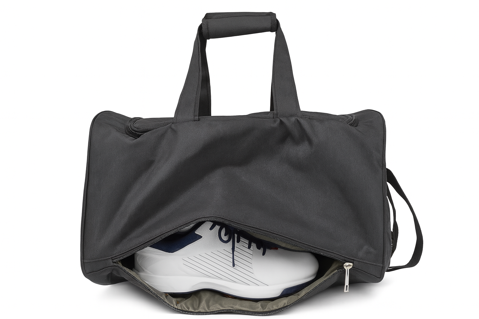 GolfBasic premium black duffle bag with open main compartment, professional eCommerce product image on white background.