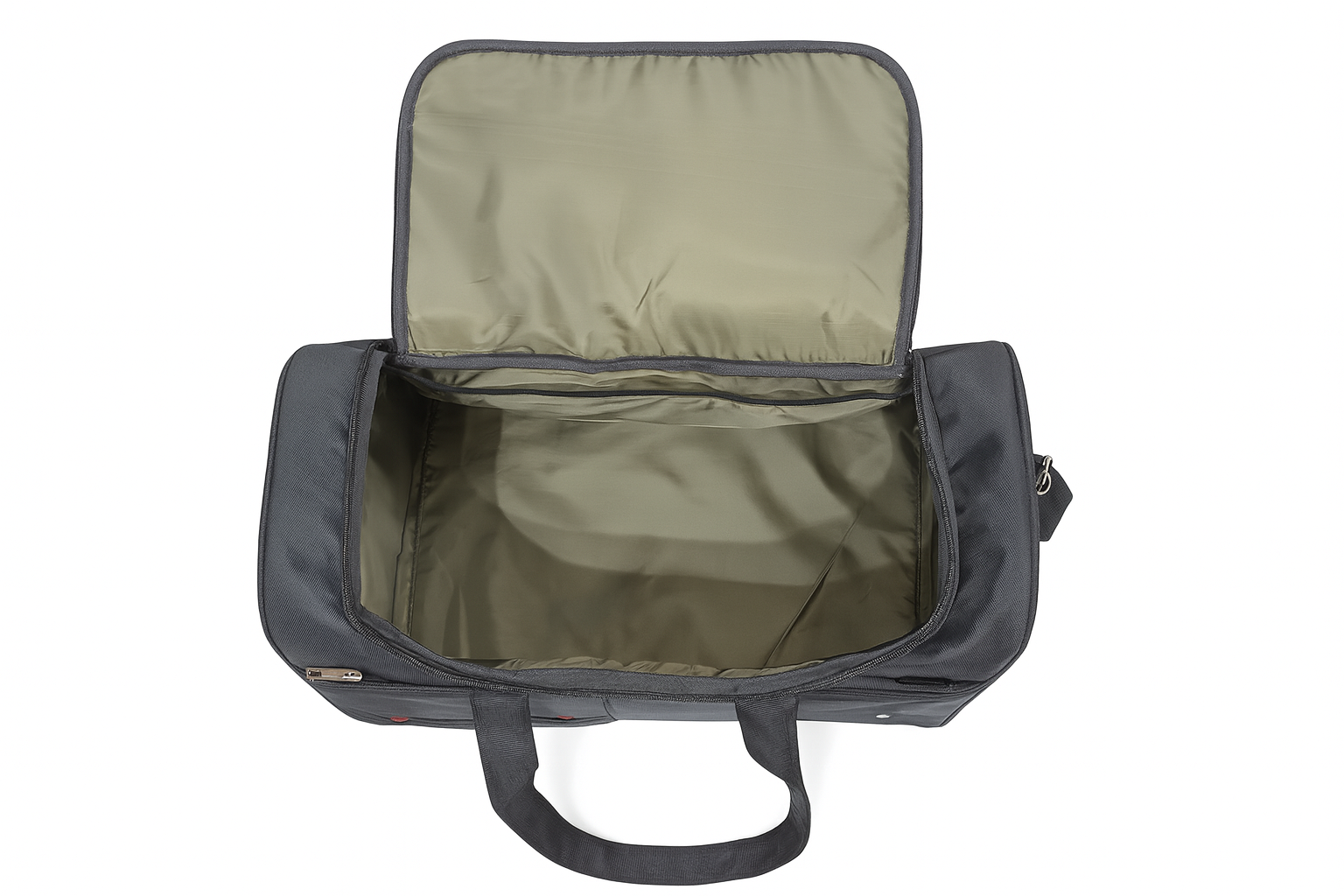 GolfBasic premium black duffle bag with open main compartment, professional eCommerce product image on white background