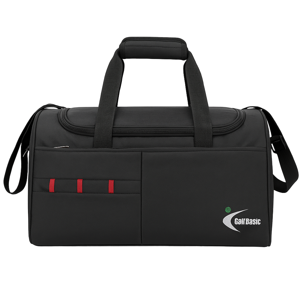 GolfBasic premium black duffle bag front view with logo and red accents on white background