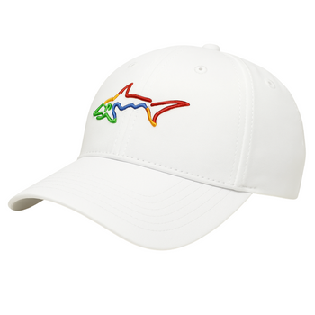White Greg Norman men's adjustable golf cap featuring a multicolored embroidered shark logo on the front, with a curved brim and six-panel construction.
