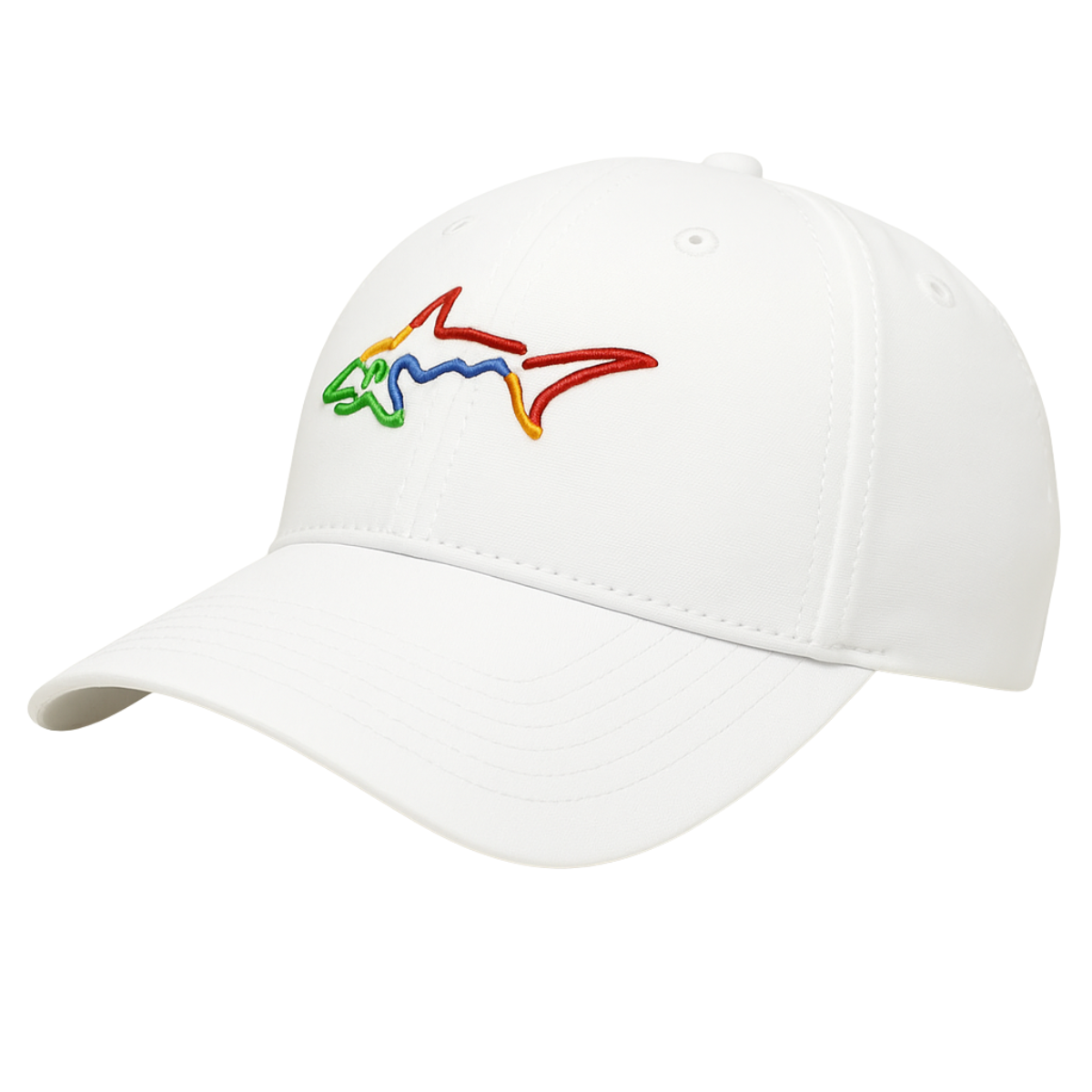 White Greg Norman men's adjustable golf cap featuring a multicolored embroidered shark logo on the front, with a curved brim and six-panel construction.