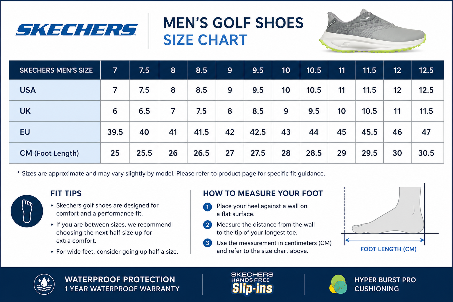 Skechers Men's Golf Shoes size chart with US, UK, EU and CM measurements