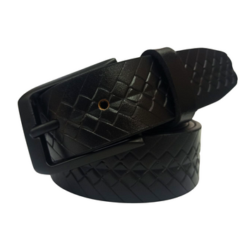 Men's premium black leather belt with embossed diamond pattern and matte black buckle