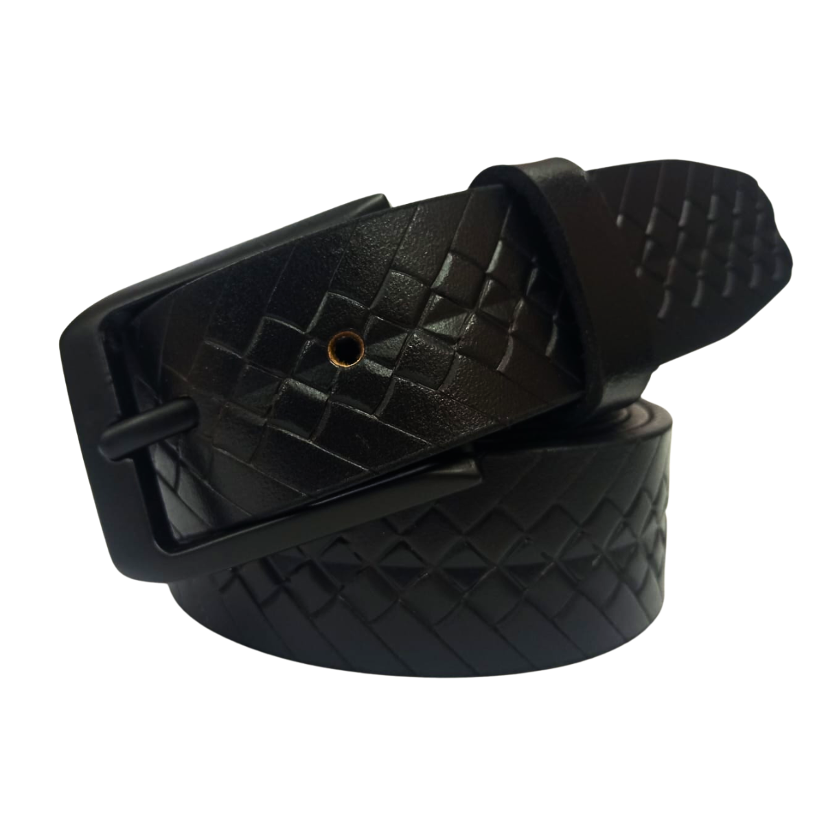 Men's premium black leather belt with embossed diamond pattern and matte black buckle